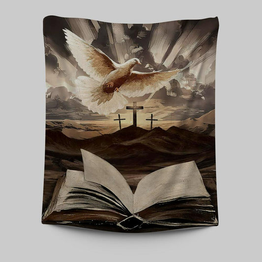 The Bible Dove Old Rugged Crosses Sunrise On Mountains Tapestry Art - Christian Art - Bible Verse Wall Art - Religious Home Decor