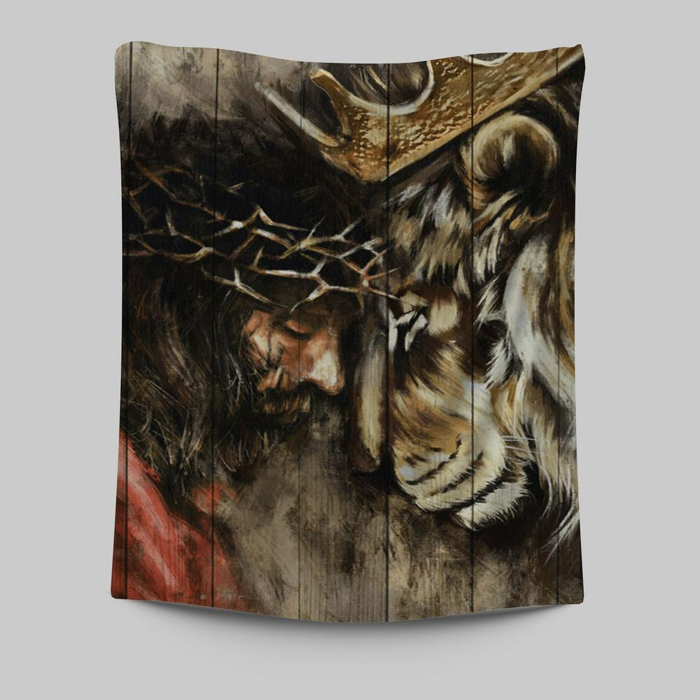 The Combination Of Jesus And Lion Tapestry Prints - Jesus Christ Tapestry Art - Christian Wall Decor