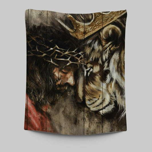 The Combination Of Jesus And Lion Tapestry Prints - Jesus Christ Tapestry Art - Christian Wall Decor