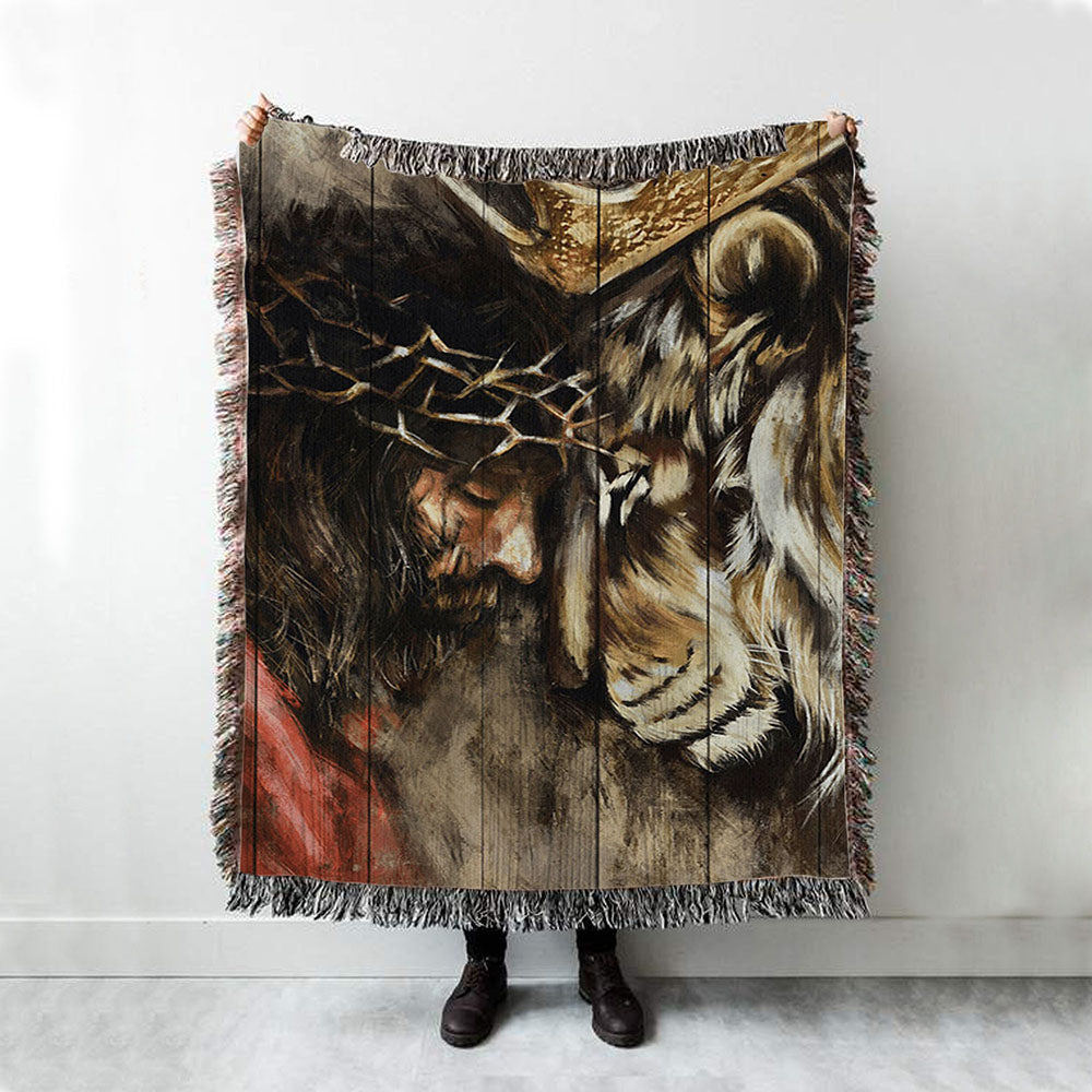 The Combination Of Jesus And Lion Woven Blanket Prints - Jesus Christ Woven Blanket Art - Christian Boho Blanket