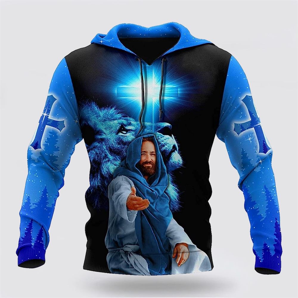 The Cross And The Praying Lion Jesus Focus On Me 3D Hoodies For Women Men, God 3D Printed Hoodie, Christian Apparel Hoodies