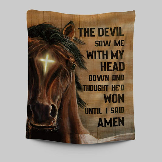The Devil Saw Me With My Head Face Of Horse Cross Tapestry Print - Inspirational Tapestry Art - Christian Wall Art Home Decor