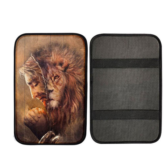 The Face Lion And Jesus Prays Car Center Console Cover - Lion Car Center Console Cover, Religious Car Interior Accessories