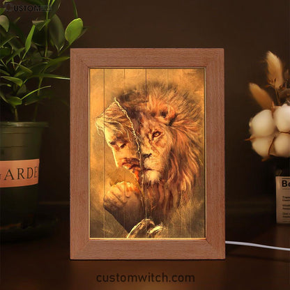 The Face Lion And Jesus Prays Frame Lamp Prints - Lion Frame Lamp Art - Christian Inspirational Frame Lamp