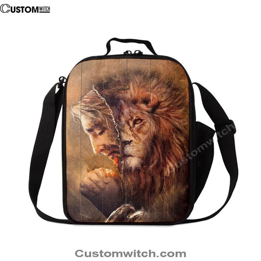 The Face Lion And Jesus Prays Lunch Bag For Men And Women - Lion Lunch Bag, Spiritual Christian Lunch Box For School, Work