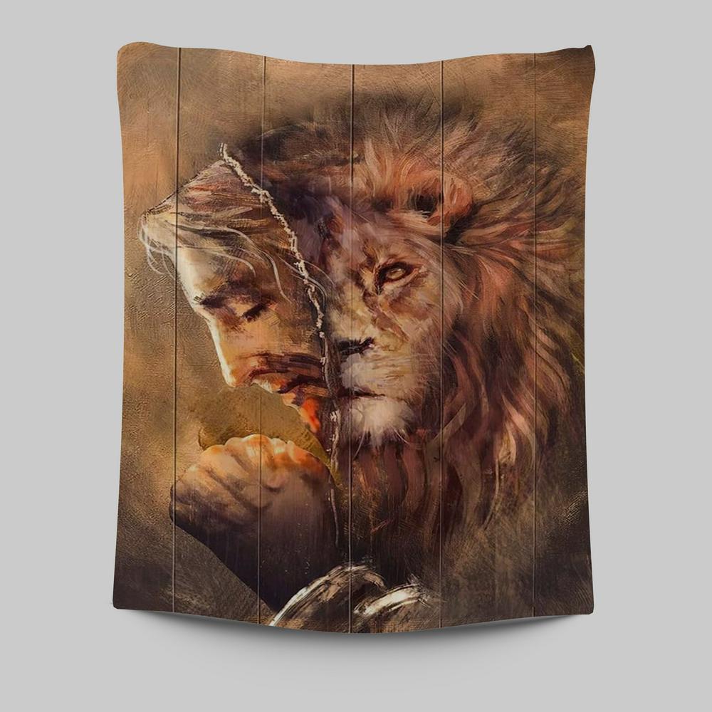 The Face Lion And Jesus Prays Tapestry Prints - Lion Tapestry Art - Christian Inspirational Tapestry