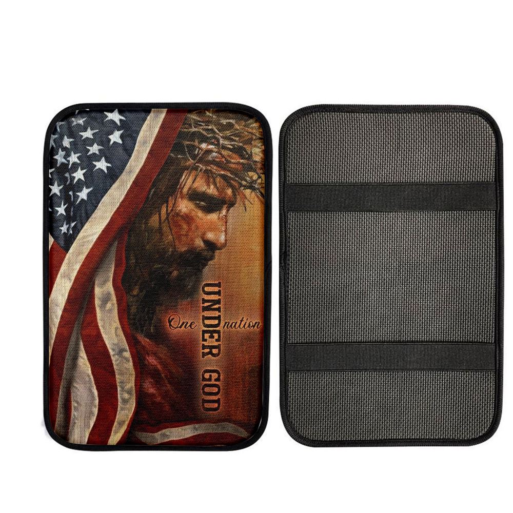 The Face Of Jesus American Flag One Nation Under God Car Center Console Cover, Car Armrest Pad, Christian Gift, Armrest Box Mat