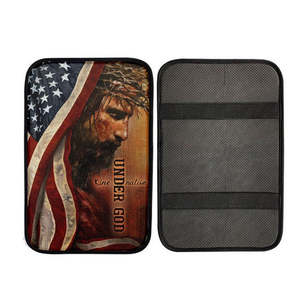 The Face Of Jesus American Flag One Nation Under God Car Center Console Cover, Car Armrest Pad, Christian Gift, Armrest Box Mat