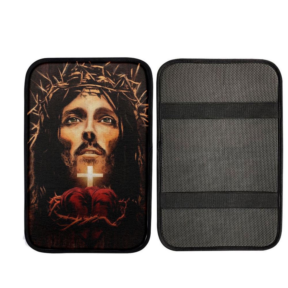 The Face Of Jesus Heart Crown Of Thorn Car Center Console Cover, Car Armrest Pad, Christian Gift, Armrest Box Mat