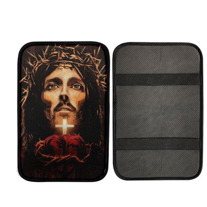 The Face Of Jesus Heart Crown Of Thorn Car Center Console Cover, Car Armrest Pad, Christian Gift, Armrest Box Mat