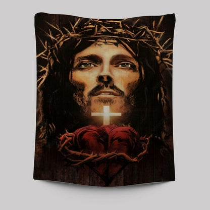 The Face Of Jesus Heart Crown Of Thorn Tapestry