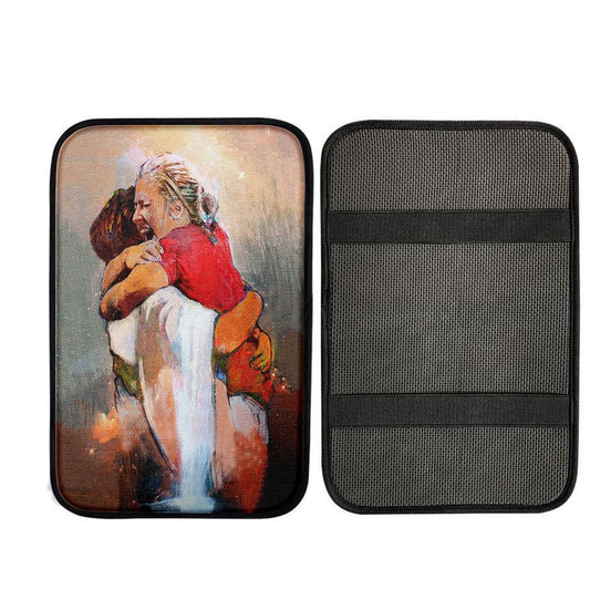 The First Day In Heaven Car Center Console Cover - Jesus Hugs The Girl Car Armrest Pad, Religious Car Interior Accessories