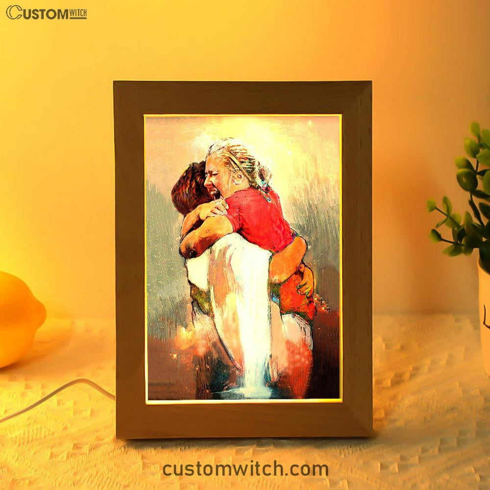The First Day In Heaven Frame Lamp Art - Jesus Hugs The Girl Frame Lamp - Jesus Frame Lamp Pictures - Christian Night Light