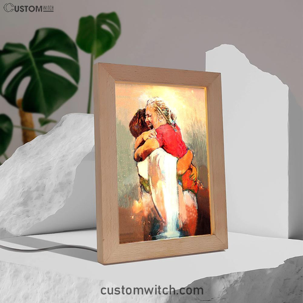 The First Day In Heaven Frame Lamp Art - Jesus Hugs The Girl Frame Lamp - Jesus Frame Lamp Pictures - Christian Night Light