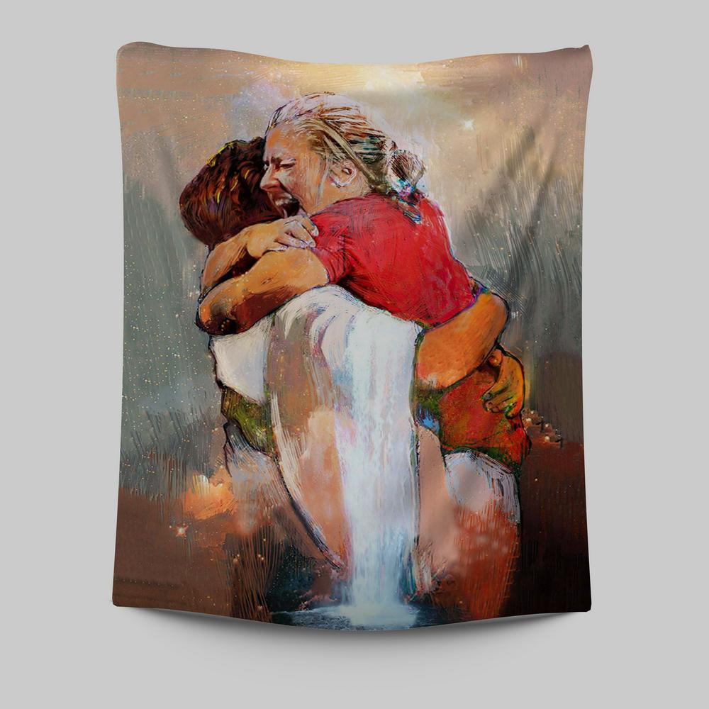 The First Day In Heaven Tapestry Wall Art - Jesus Hugs The Girl Tapestry - Jesus Tapestry Pictures - Christian Tapestries Wall Art
