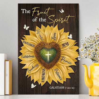 The Fruit Of The Spirit Sunflower Heart Shape Cross Canvas Wall Art - Bible Verse Canvas Art - Inspirational Art - Christian Home Decor