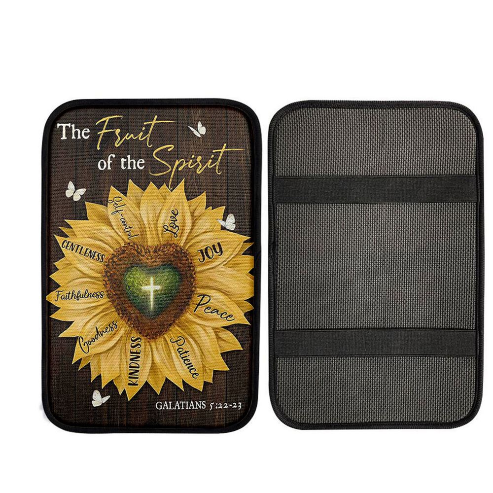 The Fruit Of The Spirit Sunflower Heart Shape Cross Car Center Console Cover, Bible Verse Car Interior Accessories