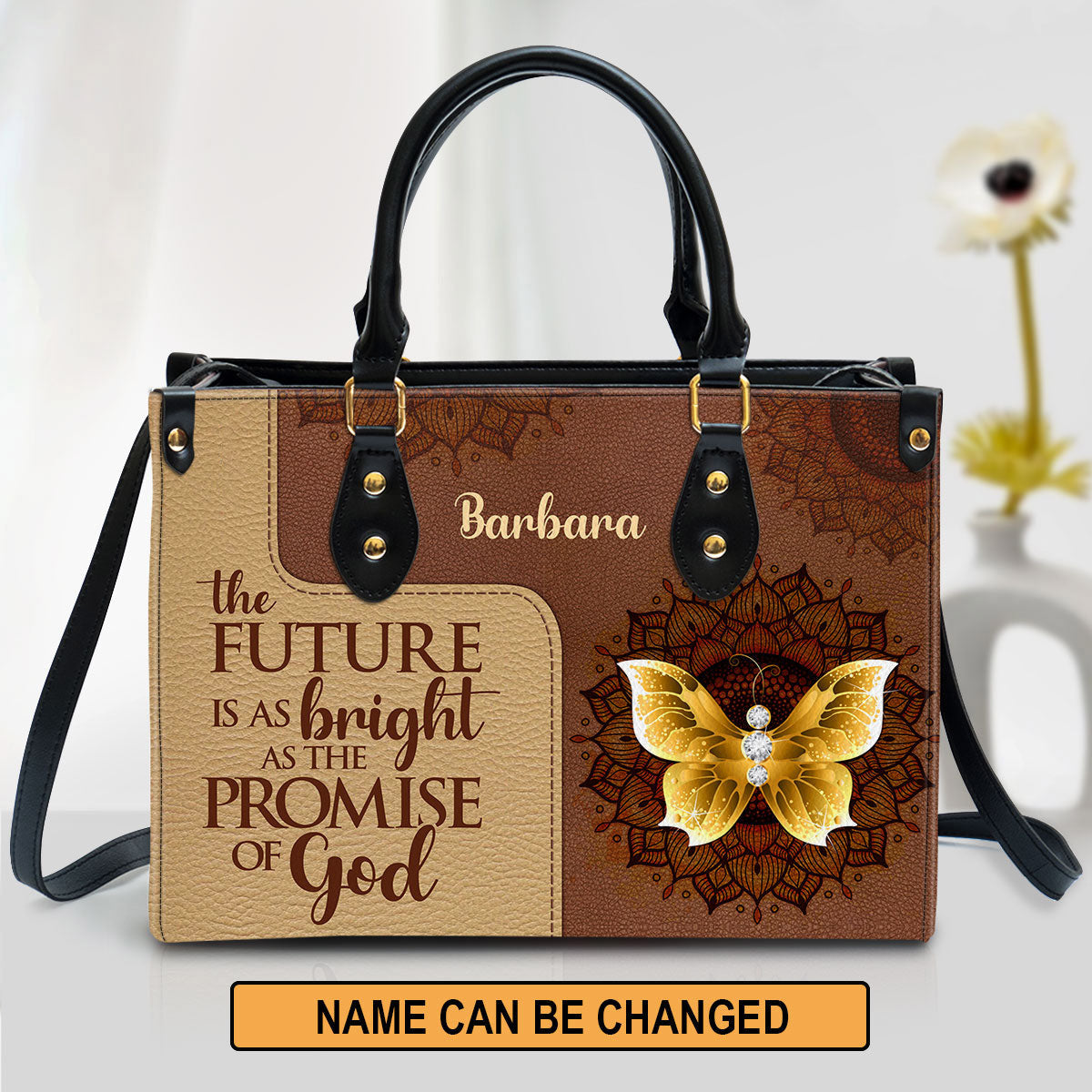 The Future Is As Bright As The Promises Of God Butterfly & Flower Leather Bag, Personalized Leather Bag With Handle For Christian Women