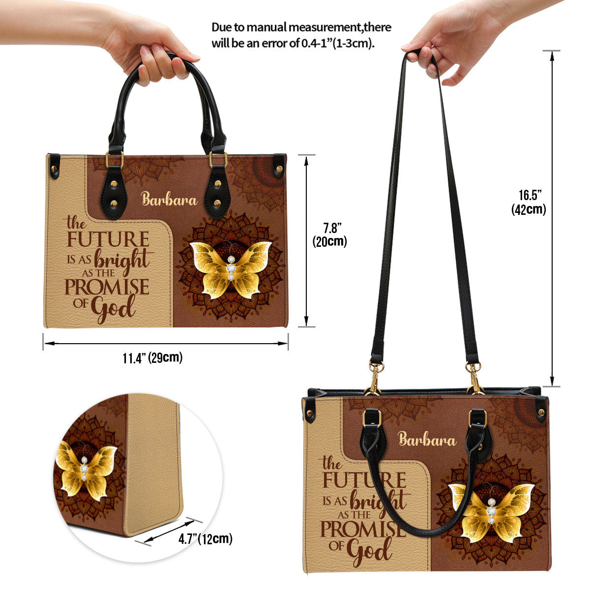 The Future Is As Bright As The Promises Of God Butterfly & Flower Leather Bag, Personalized Leather Bag With Handle For Christian Women