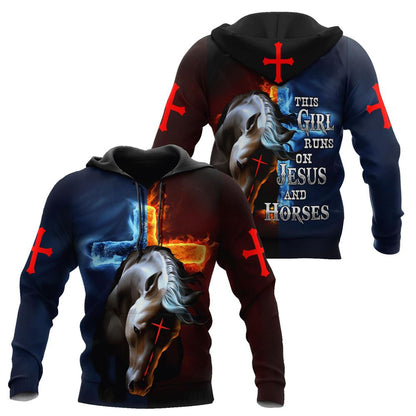 The Girl Runs On Jesus And Horses God 3D Hoodie For Man And Women, Jesus Printed 3D Hoodie