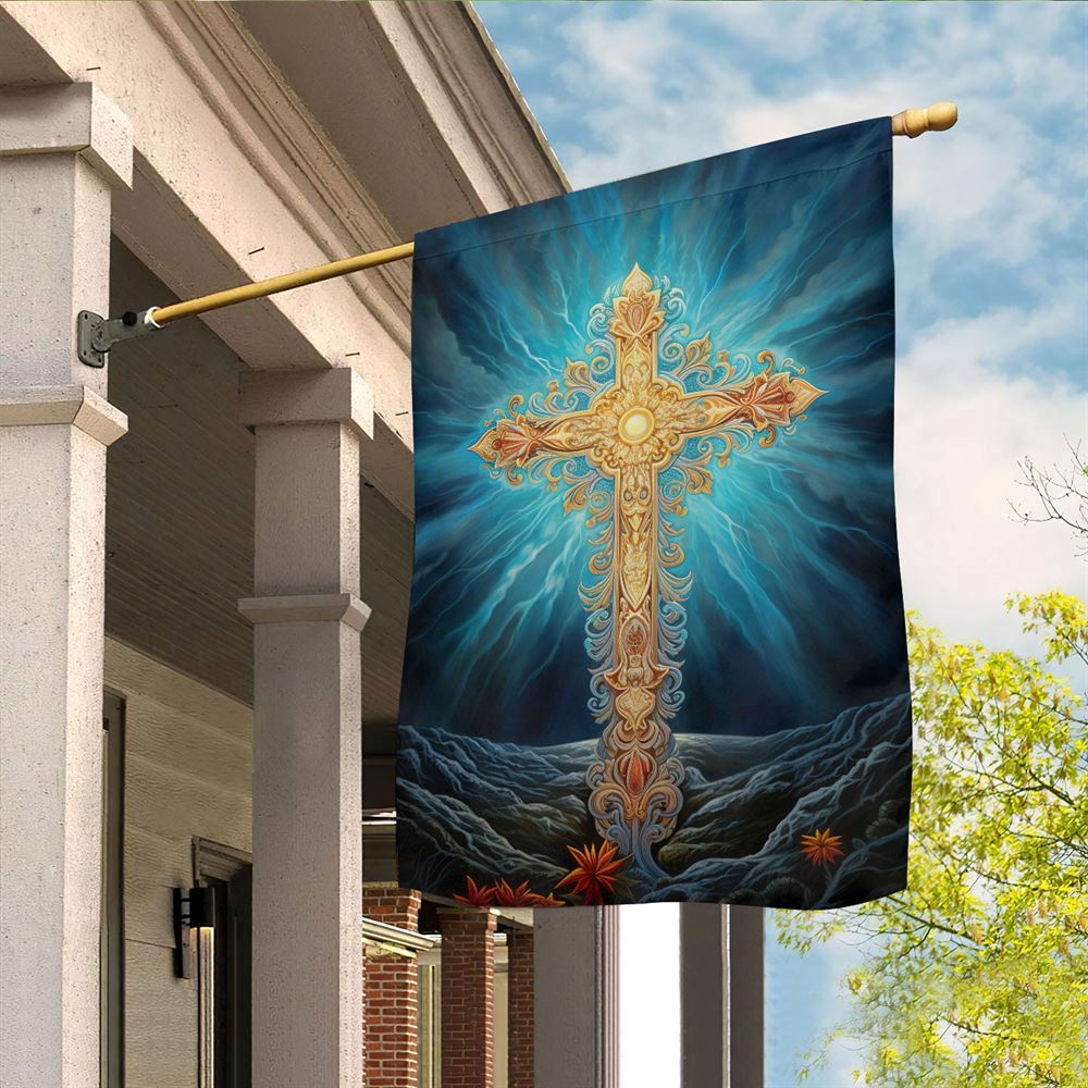 The Golden Cross Amidst Ethereal Skies Flag, Christian Christmas House Flag, Christmas Outdoor Decor Ideas