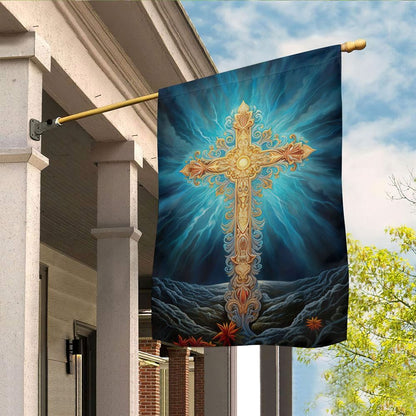 The Golden Cross Amidst Ethereal Skies Flag, Christian Christmas House Flag, Christmas Outdoor Decor Ideas