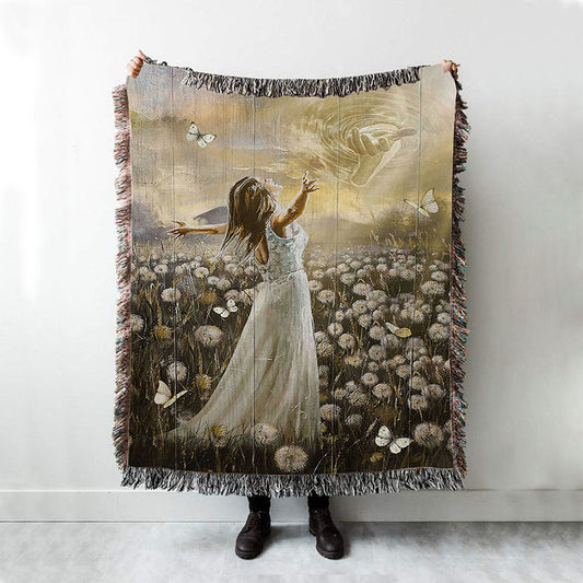The Hand Of God Beautiful Girl Dandelion Field Woven Blanket Art - Christian Art - Bible Verse Throw Blanket - Religious Home Decor