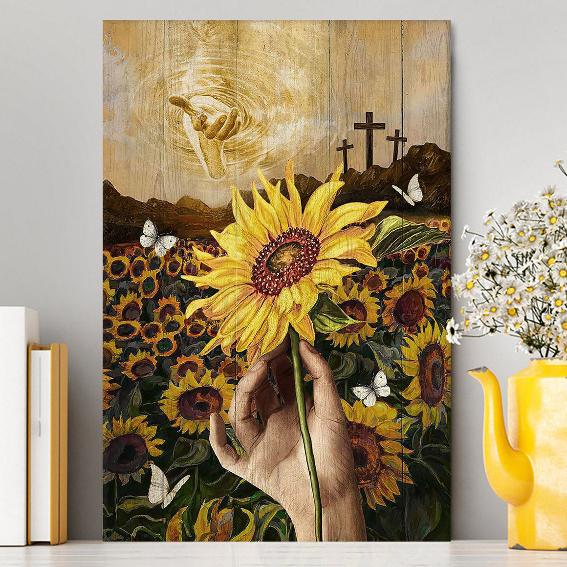 The Hand Of God Sunflower Field White Butterfly Canvas Art - Christian Art - Bible Verse Wall Art - Religious Home Decor