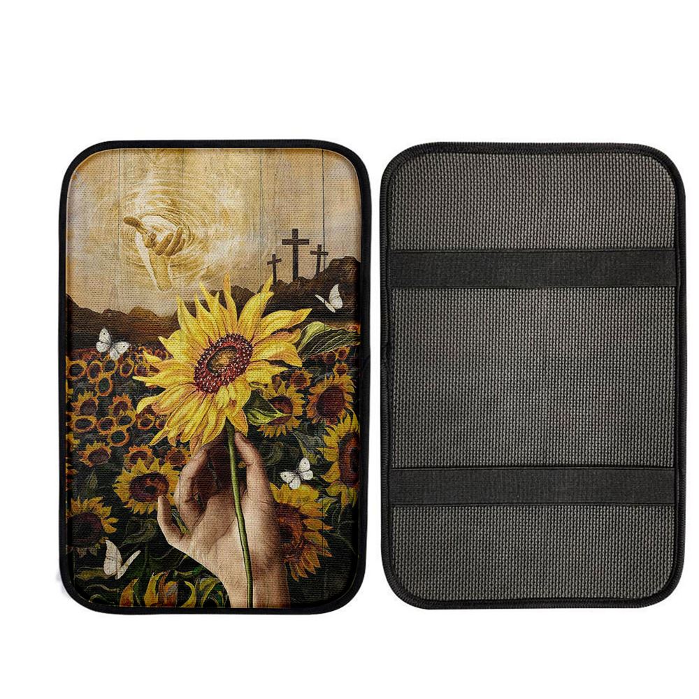 The Hand Of God Sunflower Field White Butterfly Car Center Console Cover, Religious Car Interior Accessories
