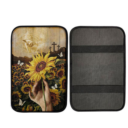 The Hand Of God Sunflower Field White Butterfly Car Center Console Cover, Religious Car Interior Accessories