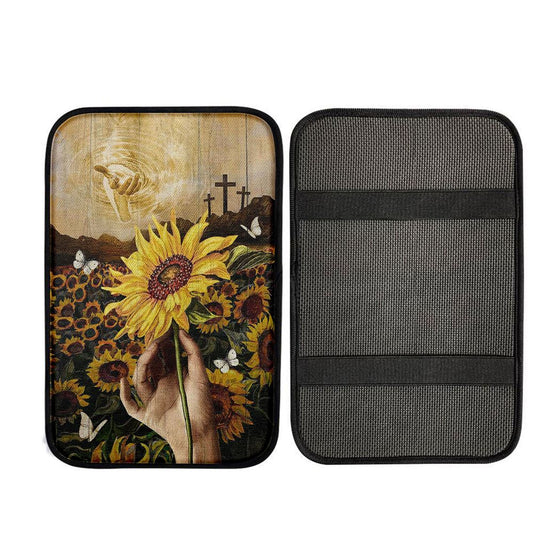The Hand Of God Sunflower Field White Butterfly Car Center Console Cover, Religious Car Interior Accessories