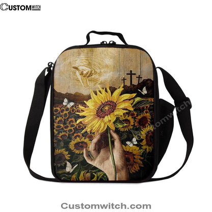 The Hand Of God Sunflower Field White Butterfly Lunch Bag For Men And Women, Spiritual Christian Lunch Box For School, Work