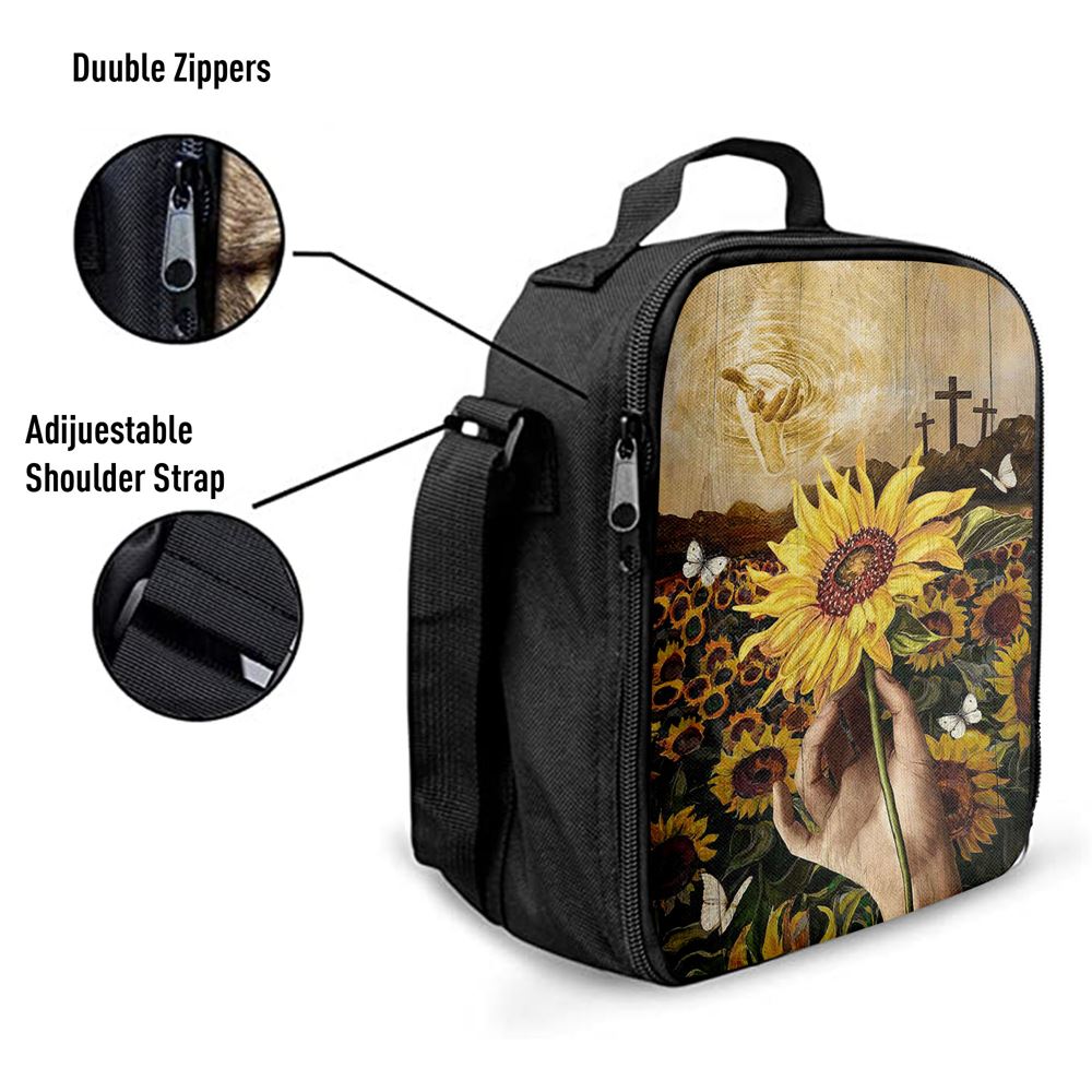 The Hand Of God Sunflower Field White Butterfly Lunch Bag For Men And Women, Spiritual Christian Lunch Box For School, Work