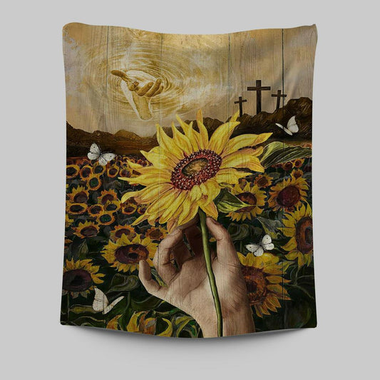 The Hand Of God Sunflower Field White Butterfly Tapestry Art - Christian Art - Bible Verse Wall Art - Religious Home Decor