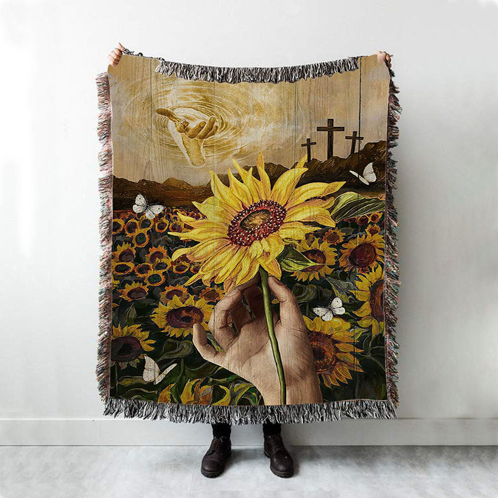 The Hand Of God Sunflower Field White Butterfly Woven Blanket Art - Christian Art - Bible Verse Throw Blanket - Religious Home Decor