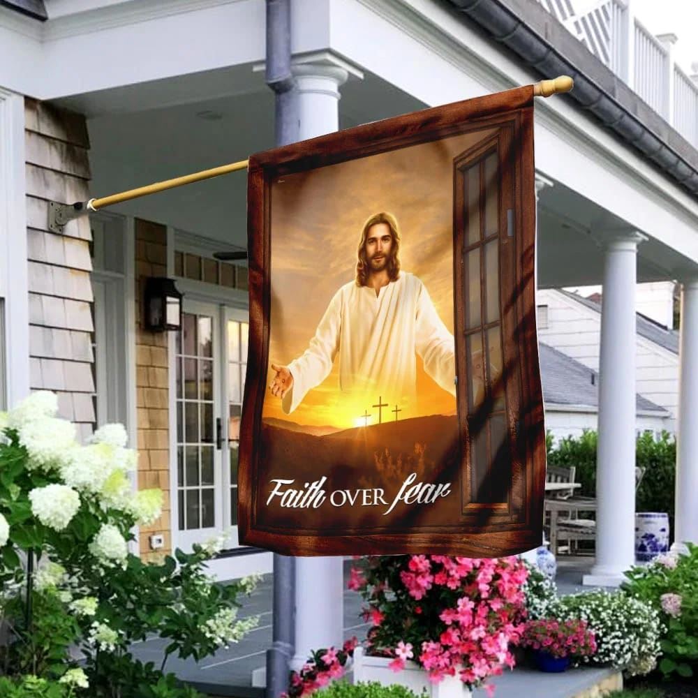 The Jesus Faith Over Fear House Flag, Outdoor Religious Flags, Christian Flag, Scripture Flag, Garden Banner
