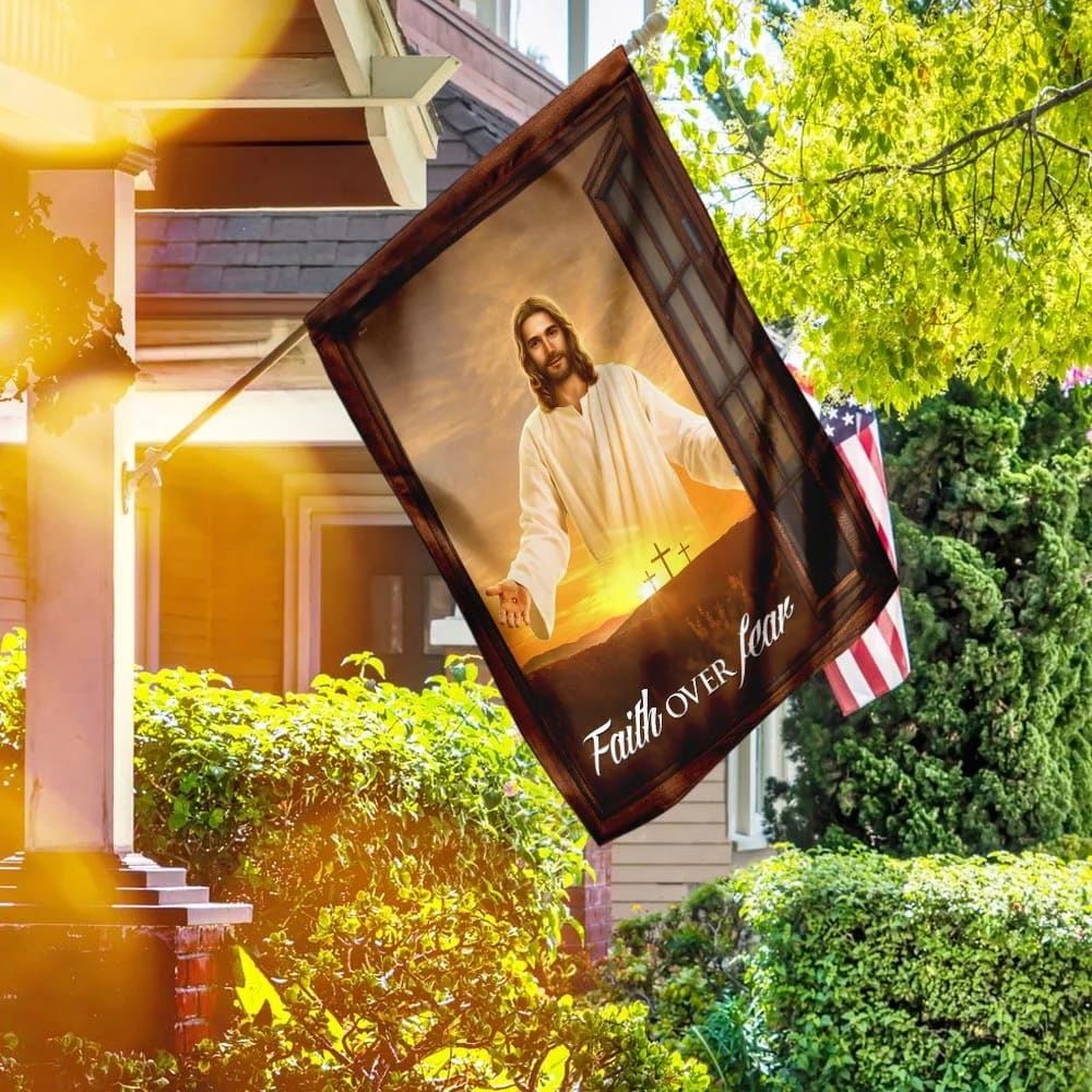 The Jesus Faith Over Fear House Flag, Outdoor Religious Flags, Christian Flag, Scripture Flag, Garden Banner