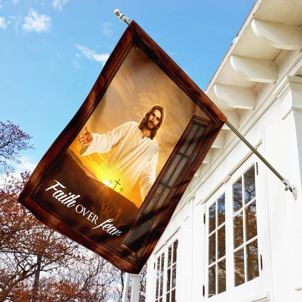 The Jesus Faith Over Fear House Flag, Outdoor Religious Flags, Christian Flag, Scripture Flag, Garden Banner
