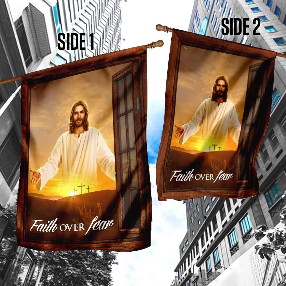 The Jesus Faith Over Fear House Flag, Outdoor Religious Flags, Christian Flag, Scripture Flag, Garden Banner