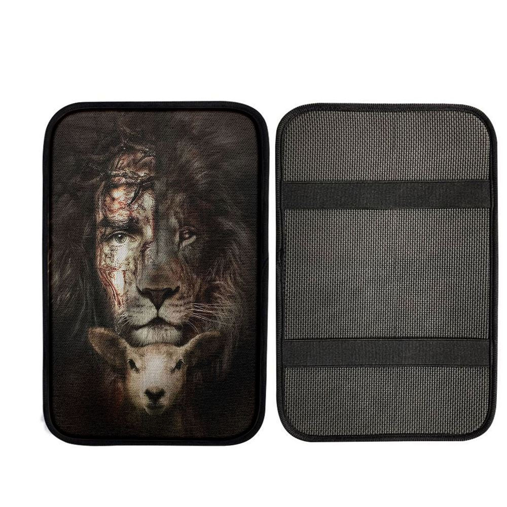 The King Lion And The Lamb Car Center Console Cover - Lion Car Center Console Cover, Bible Verse Car Interior Accessories
