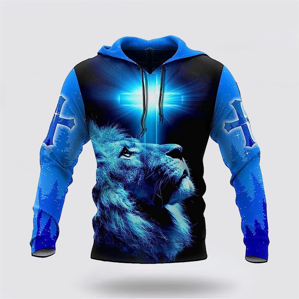 The King Lion Cross Light Blue 3D Hoodies For Women Men, God 3D Printed Hoodie, Christian Apparel Hoodies