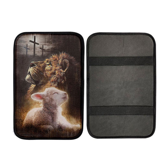 The King Lion Lamb Cross Car Center Console Cover - Lion Car Center Console Cover, Christ Car Interior Accessories