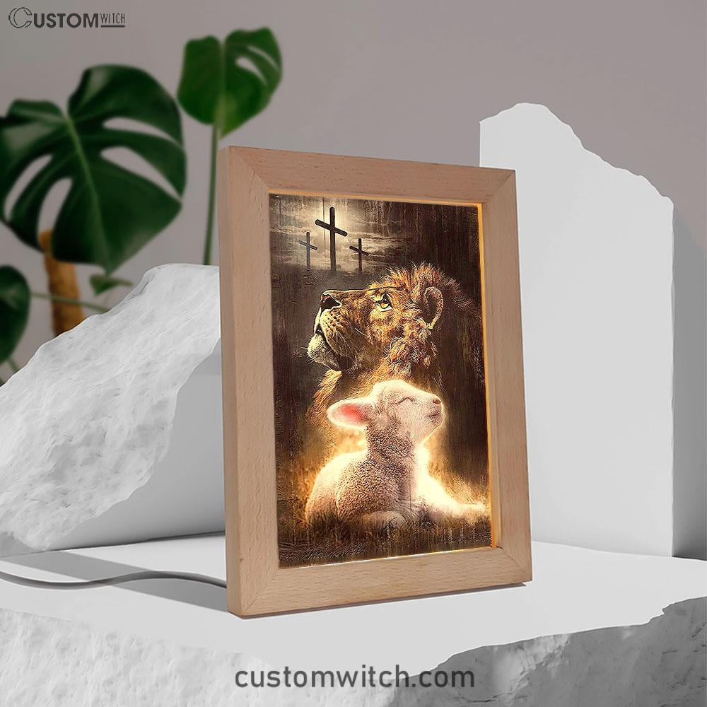 The King Lion Lamb Cross Frame Lamp Prints - Lion Frame Lamp Art - Christian Inspirational Frame Lamp