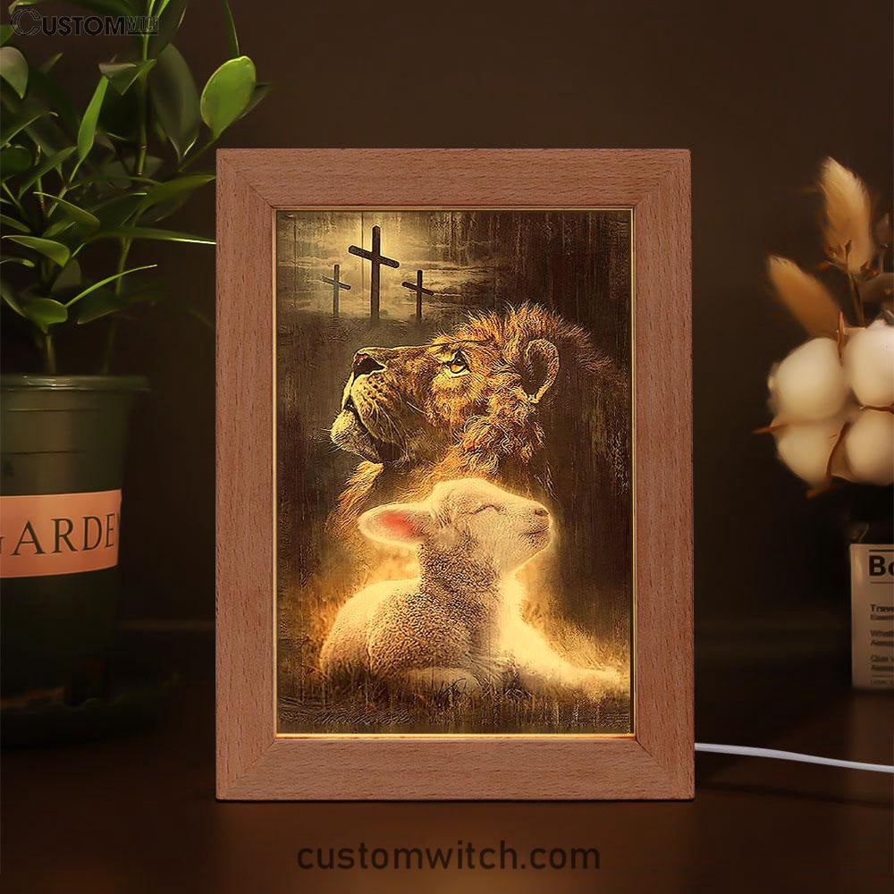 The King Lion Lamb Cross Frame Lamp Prints - Lion Frame Lamp Art - Christian Inspirational Frame Lamp