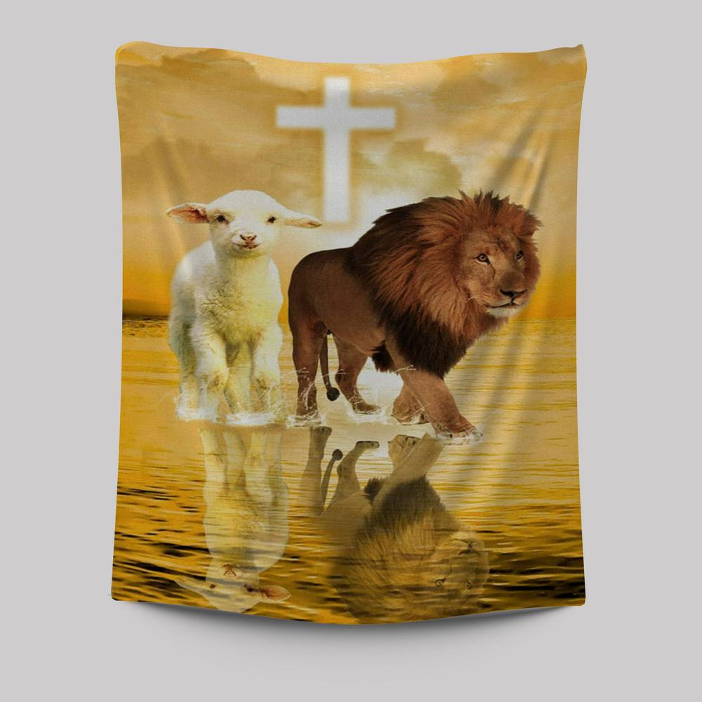 The Lamb Of God And Lion Of Judah Tapestry Prints - Bible Verse Wall Decor - Scripture Wall Art