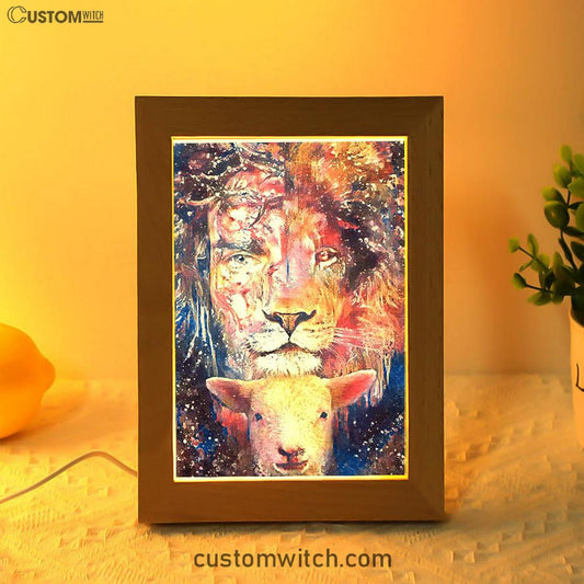 The Lamb With The Lion Frame Lamp Prints - Christian Decor - Bible Verse Wooden Lamp