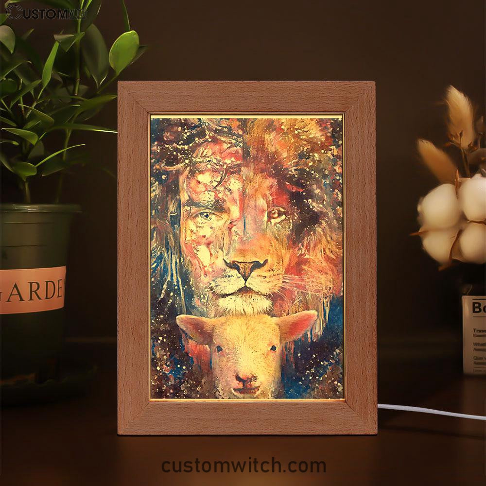 The Lamb With The Lion Frame Lamp Prints - Christian Decor - Bible Verse Wooden Lamp