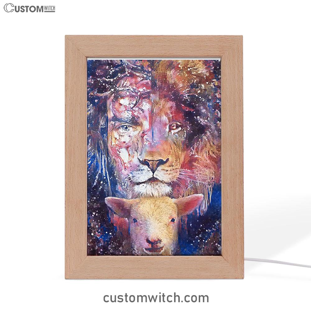 The Lamb With The Lion Frame Lamp Prints - Christian Decor - Bible Verse Wooden Lamp
