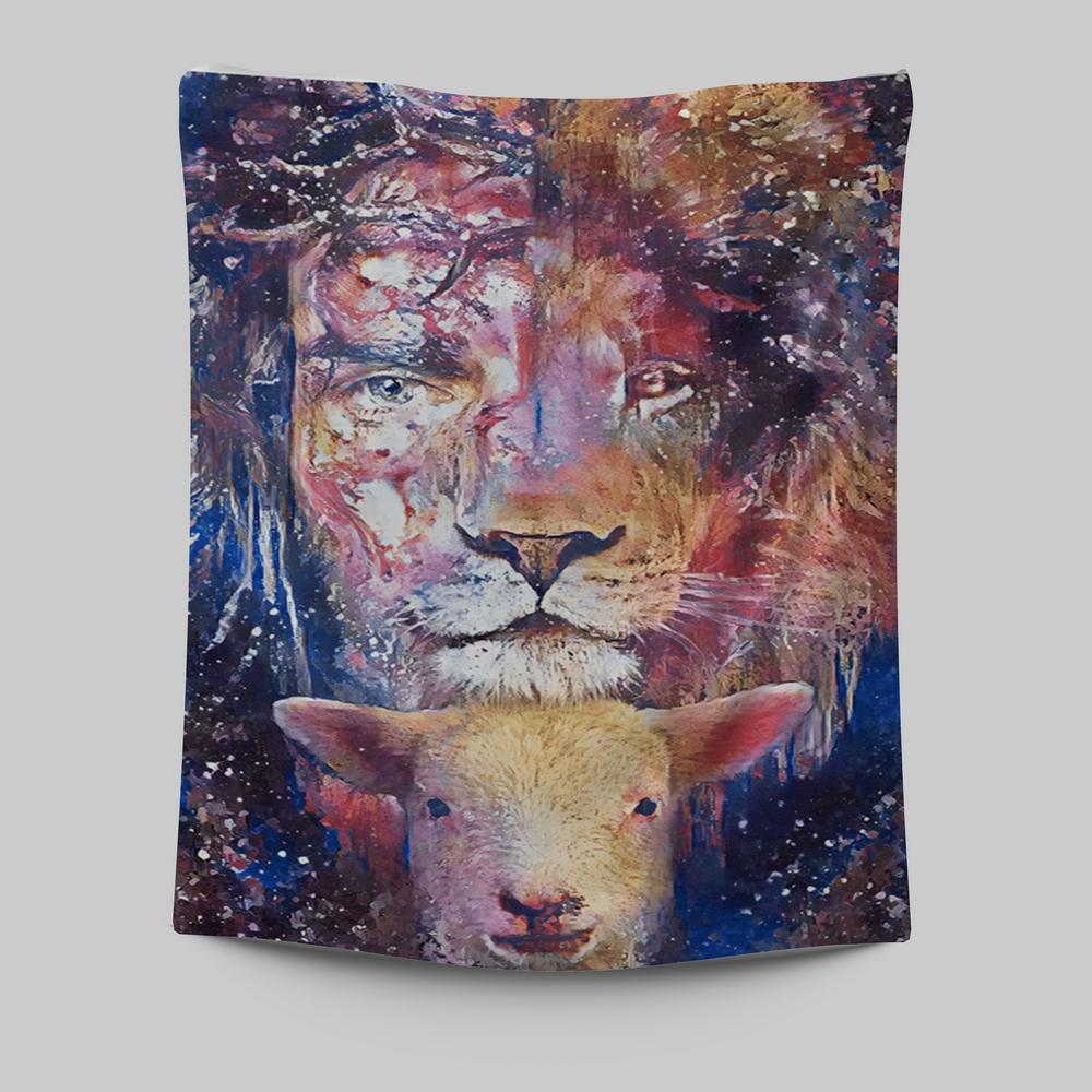 The Lamb With The Lion Tapestry Prints - Christian Wall Decor - Bible Verse Tapestry Art