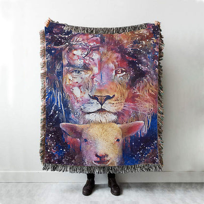 The Lamb With The Lion Woven Blanket Prints - Christian Boho Blanket - Bible Verse Woven Blanket Art